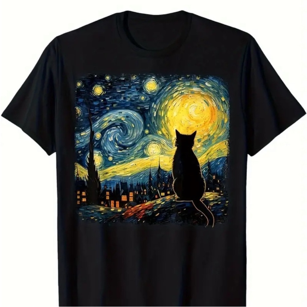 Starry Night Cat T-Shirt Black Sz 2X